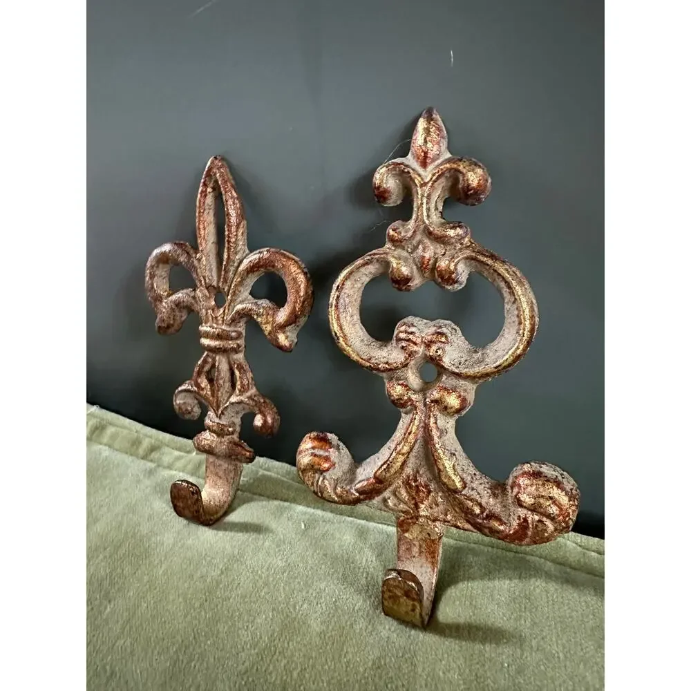 Vintage Wall Hooks, French style Decor gold metal ornate set of 2, 5x3”